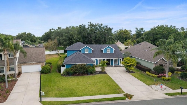 new england style home featuring a garage, driveway, and a front lawn