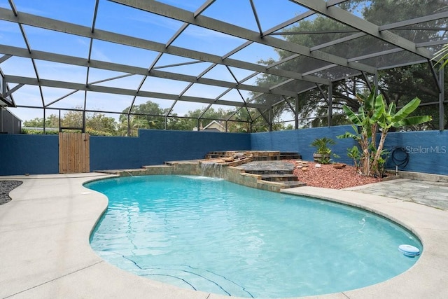view of pool with a fenced in pool, a fenced backyard, a hot tub, and a patio