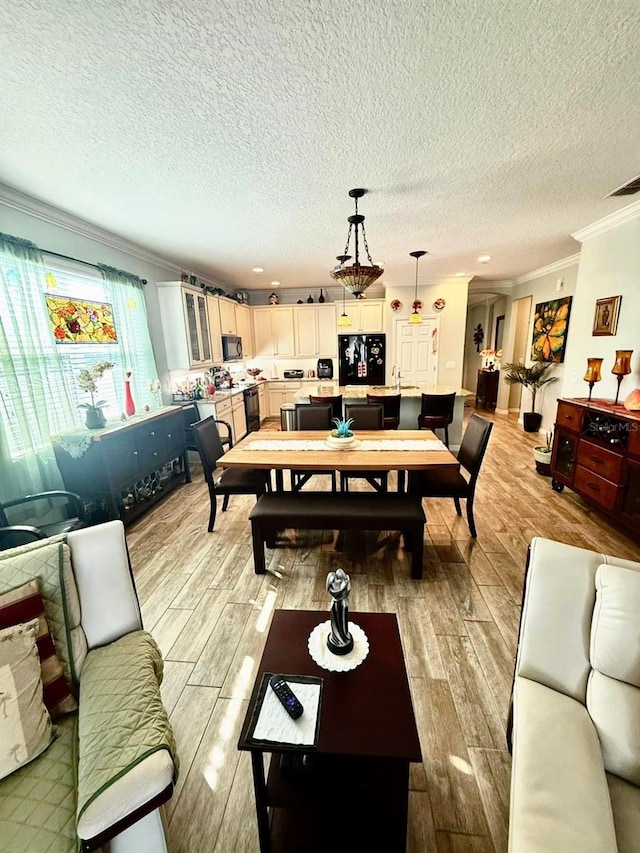 1231 Merion Dr, Mount Dora, FL 32757 - living room with ornamental molding, a textured ceiling, light wood-style floors, and recessed lighting