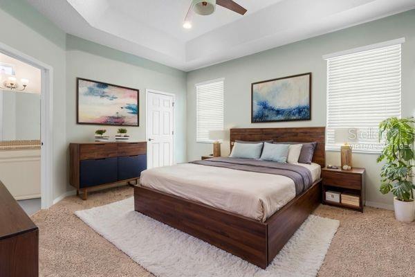 1231 Merion Dr, Mount Dora, FL 32757 - bedroom featuring carpet floors, a raised ceiling, and baseboards