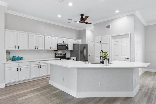 kitchen featuring ceiling fan, appliances with stainless steel finishes, a sink, white cabinetry, and visible vents