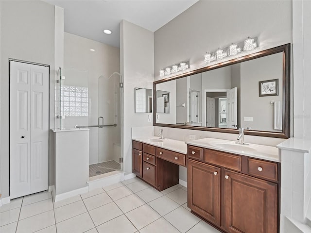17471 SE 110th Ter, Summerfield, FL 34491 - bathroom with tile patterned floors, a shower stall, and double vanity
