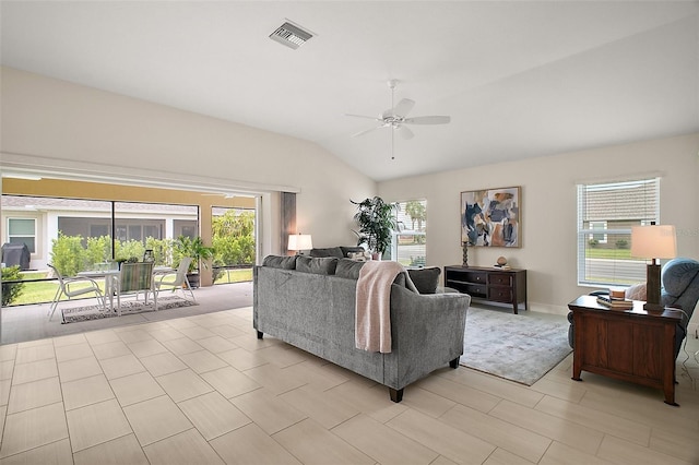 892 Hubbard Loop, The Villages, FL 32163 - living room featuring lofted ceiling and a ceiling fan