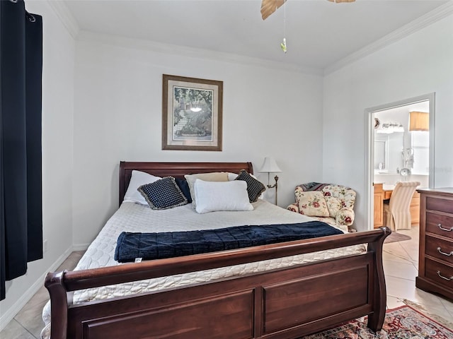 11820 SE 178th St, Summerfield, FL 34491 - bedroom featuring ornamental molding, light tile patterned floors, ensuite bathroom, and ceiling fan