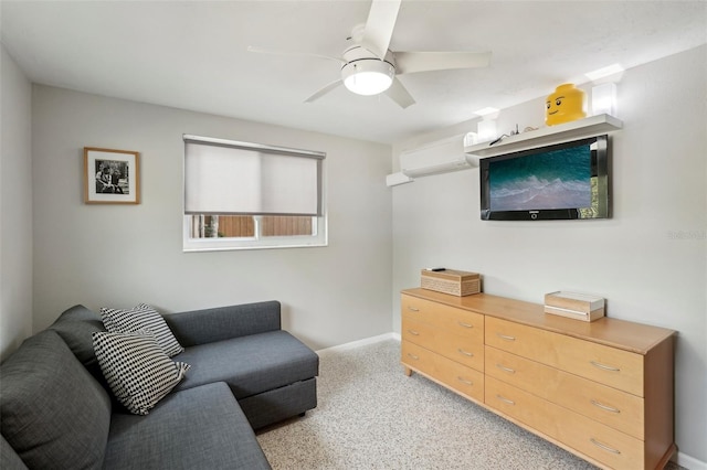 4125 Worcester Rd, Sarasota, FL 34231 - sitting room featuring an AC wall unit, ceiling fan, light colored carpet, and baseboards