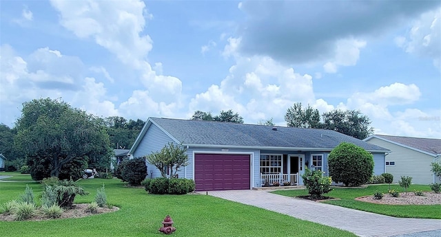 single story home featuring an attached garage, a front yard, decorative driveway, and a shingled roof