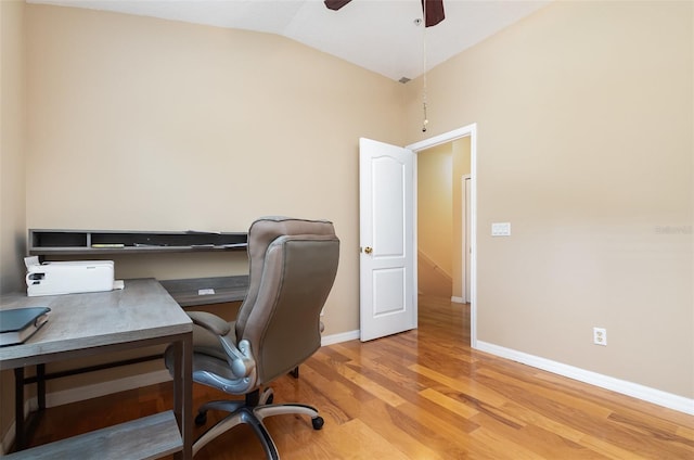 866 Ashworth Overlook Dr Unit B, Apopka, FL 32712 - office area featuring light wood finished floors, baseboards, a ceiling fan, and lofted ceiling