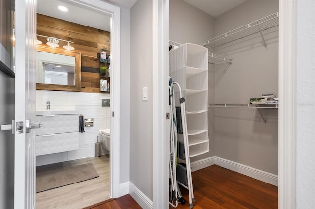spacious closet with a sink and wood finished floors