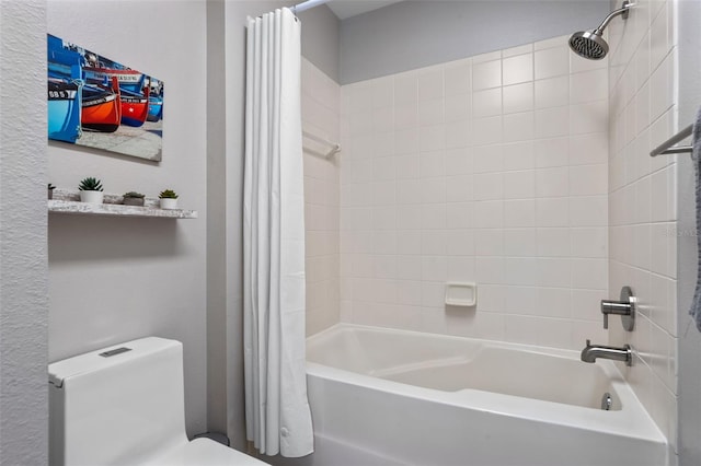bathroom with toilet and shower / tub combo with curtain
