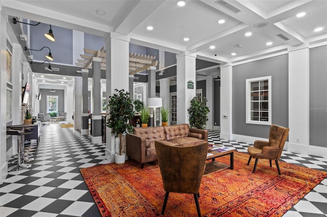 1021 Siena Park Blvd Unit 204, Kissimmee, FL 34747 - building lobby with recessed lighting, coffered ceiling, beam ceiling, and a high ceiling