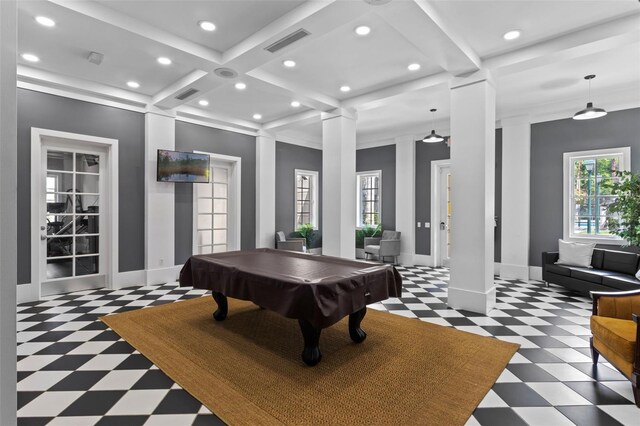 1021 Siena Park Blvd Unit 204, Kissimmee, FL 34747 - playroom with tile patterned floors, coffered ceiling, recessed lighting, decorative columns, and billiards