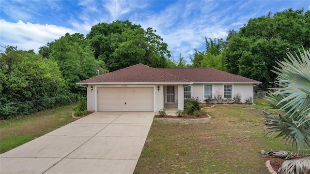 ranch-style house with stucco siding, a garage, and driveway