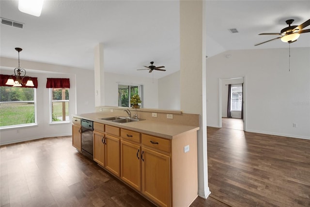 kitchen featuring a sink, dishwasher, a ceiling fan, dark wood finished floors, and open floor plan