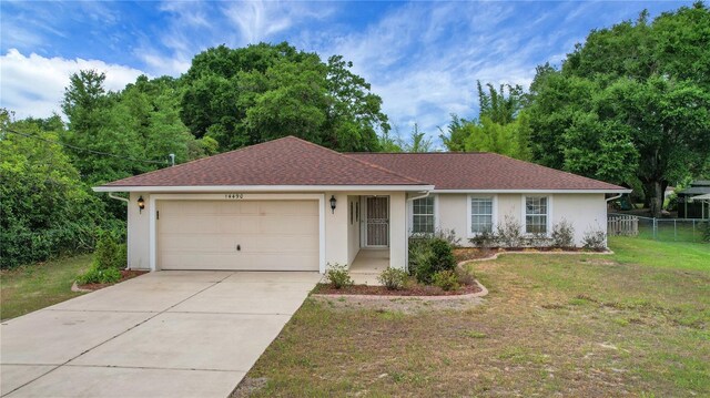 ranch-style home with stucco siding, an attached garage, concrete driveway, and roof with shingles