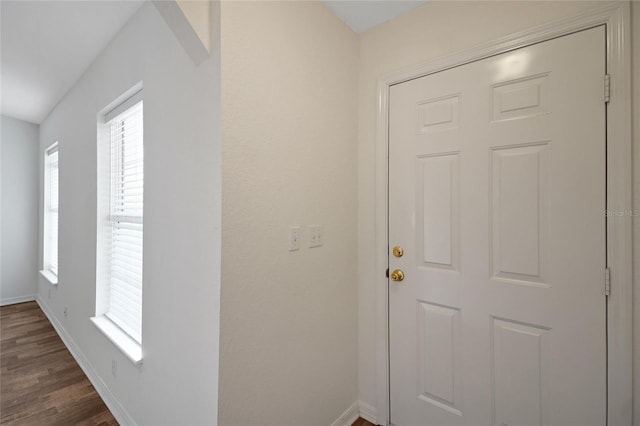 entryway featuring baseboards and dark wood-type flooring