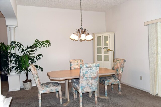 2120 Willow Grove Way, The Villages, FL 32162 - carpeted dining room with a chandelier, lofted ceiling, and a textured ceiling