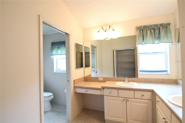 2120 Willow Grove Way, The Villages, FL 32162 - full bath with vanity, tile patterned flooring, toilet, a chandelier, and a textured ceiling