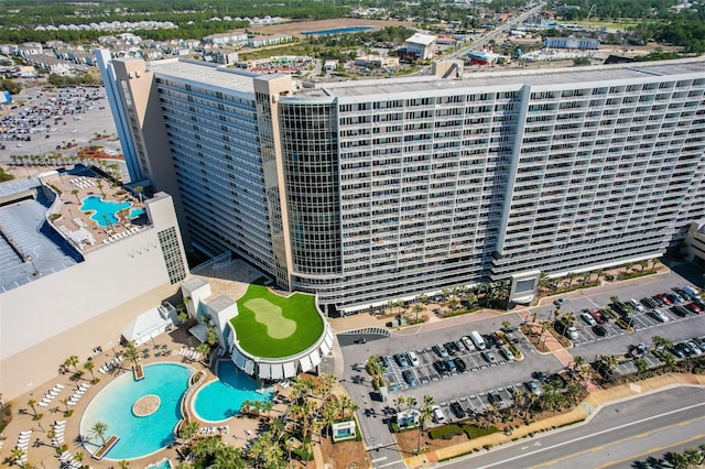 drone / aerial view of a pool