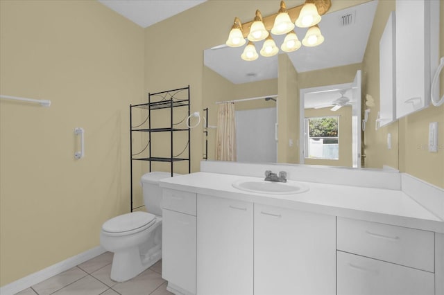 8932 SE 168th Sedgwick Pl, The Villages, FL 32162 - bathroom featuring tile patterned flooring, toilet, a shower with shower curtain, vanity, and a ceiling fan