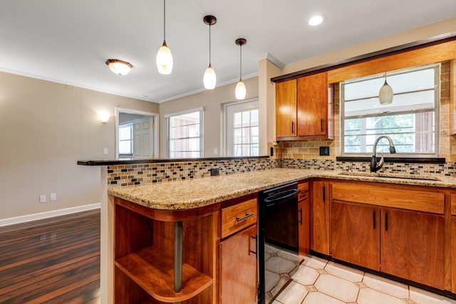 kitchen with a sink, black dishwasher, open shelves, tasteful backsplash, and brown cabinets