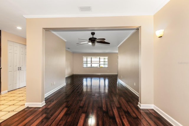 unfurnished room with ornamental molding, baseboards, a ceiling fan, wood finished floors, and recessed lighting