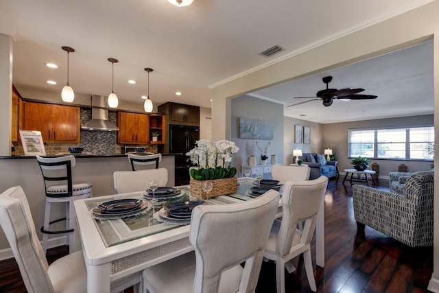 8738 SW 95th Ln Unit B, Ocala, FL 34481 - dining space featuring dark wood-style flooring, ornamental molding, a ceiling fan, and recessed lighting