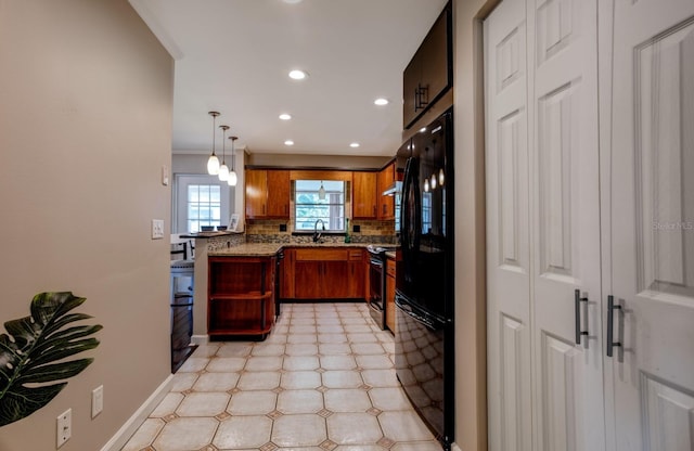 8738 SW 95th Ln Unit B, Ocala, FL 34481 - kitchen with freestanding refrigerator, recessed lighting, light flooring, tasteful backsplash, and light stone countertops