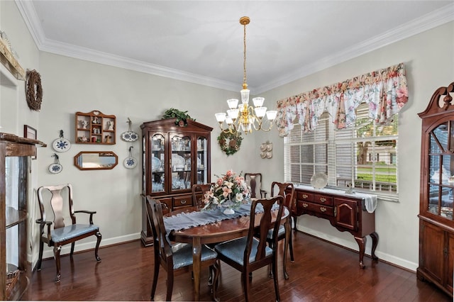 dining room with dark wood finished floors, a chandelier, crown molding, and baseboards