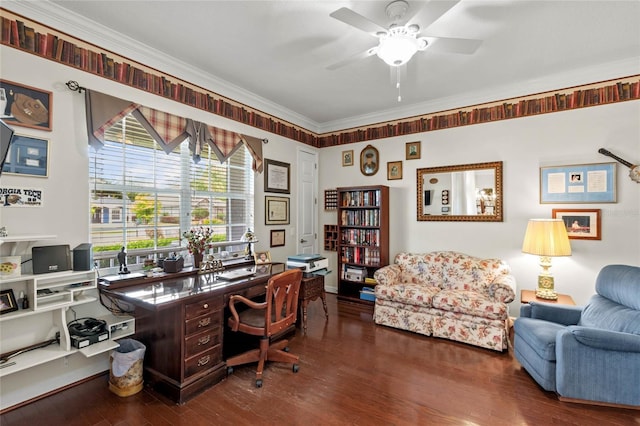 office area featuring wood finished floors, a ceiling fan, and crown molding