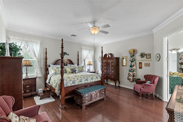 bedroom with multiple windows, wood finished floors, crown molding, ceiling fan, and baseboards