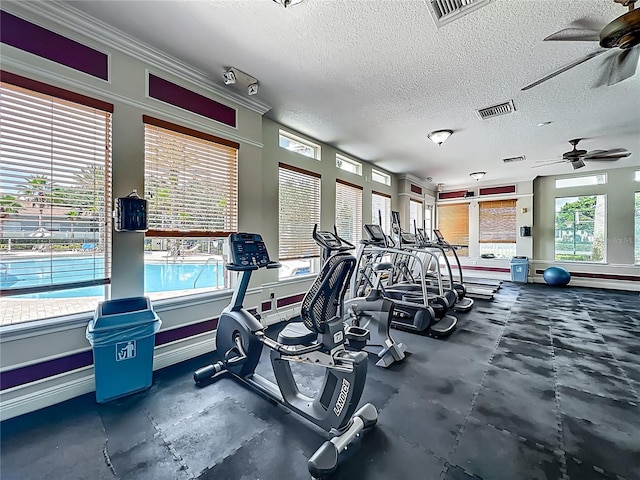 3731 Peaceful Valley Dr, Clermont, FL 34711 - workout area featuring a ceiling fan, plenty of natural light, and a textured ceiling
