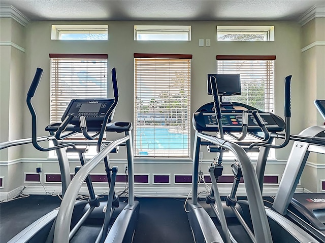 3731 Peaceful Valley Dr, Clermont, FL 34711 - exercise room with a textured ceiling and plenty of natural light