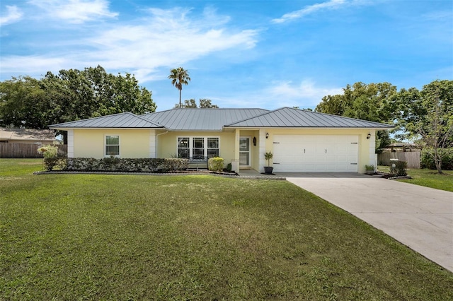 ranch-style home featuring a standing seam roof, stucco siding, concrete driveway, a garage, and metal roof