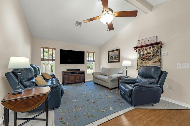 living room with ceiling fan, baseboards, beamed ceiling, high vaulted ceiling, and wood finished floors