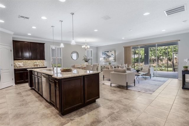1027 Timbervale Trl, Clermont, FL 34715 - kitchen with ornamental molding, dishwasher, decorative backsplash, dark brown cabinets, and open floor plan