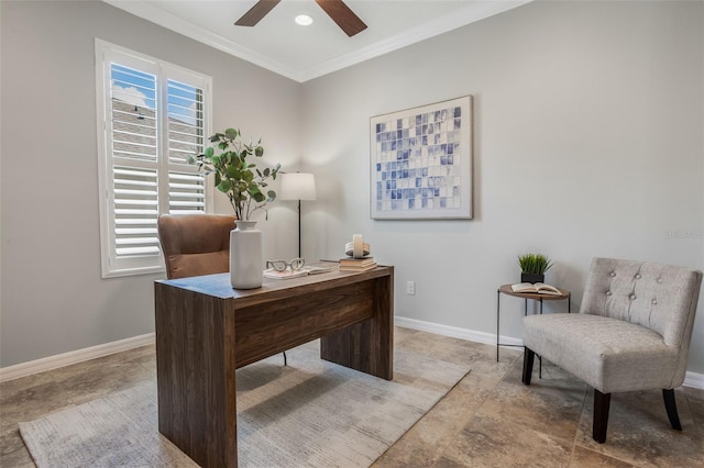 1027 Timbervale Trl, Clermont, FL 34715 - home office with ceiling fan, ornamental molding, and stone finish flooring