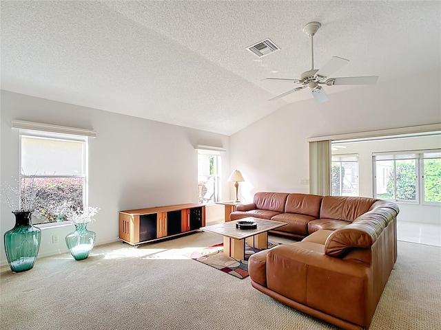 2202 Kershaw Rd, The Villages, FL 32162 - carpeted living room featuring plenty of natural light, ceiling fan, lofted ceiling, a textured ceiling, and baseboards