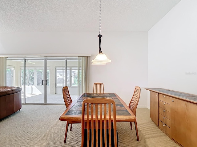 2202 Kershaw Rd, The Villages, FL 32162 - dining area with light colored carpet, a textured ceiling, and ceiling fan