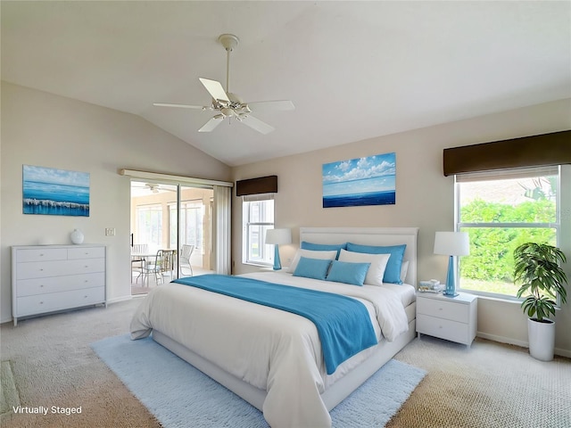 2202 Kershaw Rd, The Villages, FL 32162 - carpeted bedroom featuring access to exterior, baseboards, vaulted ceiling, and a ceiling fan