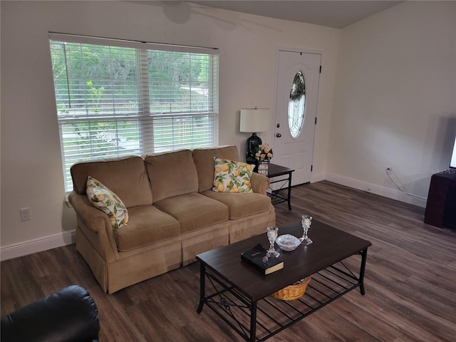 living area with baseboards and wood finished floors