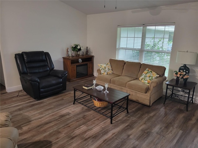 living area featuring wood finished floors and baseboards
