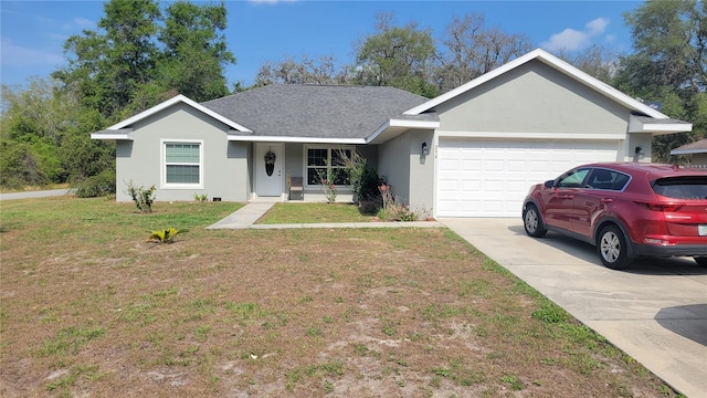 ranch-style home with an attached garage, a front lawn, concrete driveway, and stucco siding