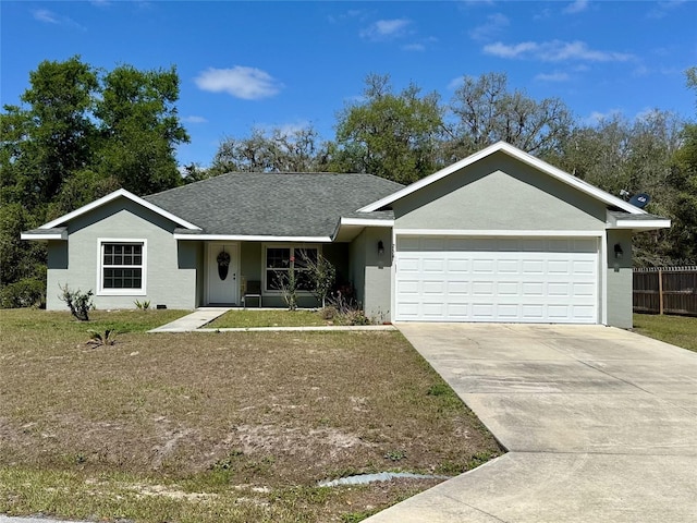 254 Locust Pass Dr, Ocala, FL 34472 - ranch-style house featuring a garage, driveway, roof with shingles, stucco siding, and a porch