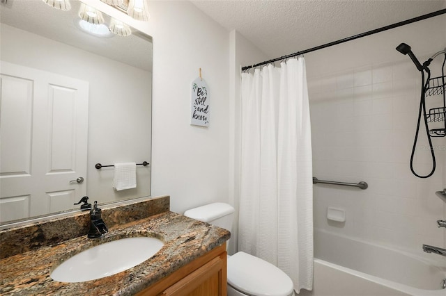 2096 Callaway Dr, The Villages, FL 32162 - bathroom with toilet, a textured ceiling, vanity, and shower / bath combination with curtain