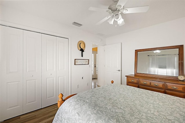 2096 Callaway Dr, The Villages, FL 32162 - bedroom featuring a closet, wood finished floors, and ceiling fan