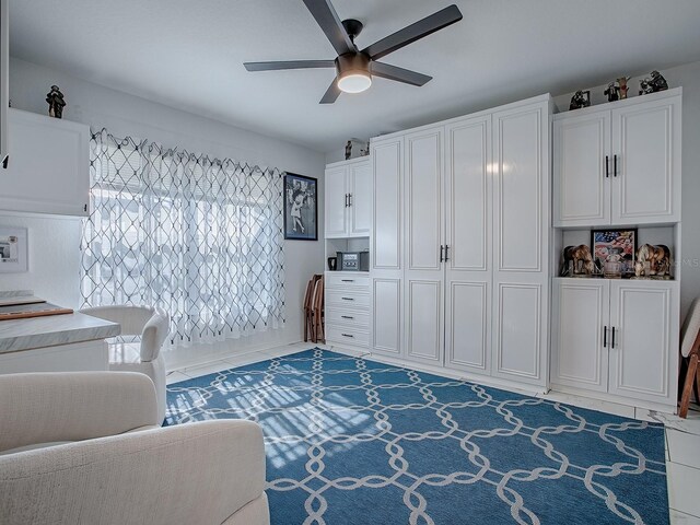 living area with ceiling fan