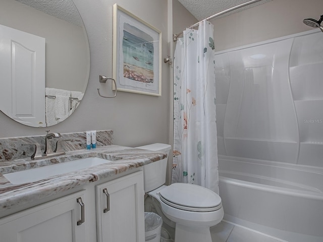 bathroom with toilet, shower / tub combo, vanity, and a textured ceiling