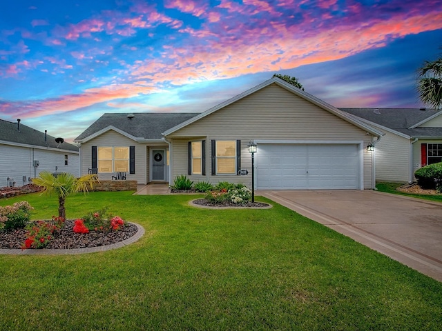 single story home featuring driveway, an attached garage, and a front lawn
