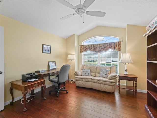 1642 Pennecamp Dr, The Villages, FL 32162 - home office with ceiling fan, wood-type flooring, lofted ceiling, and baseboards