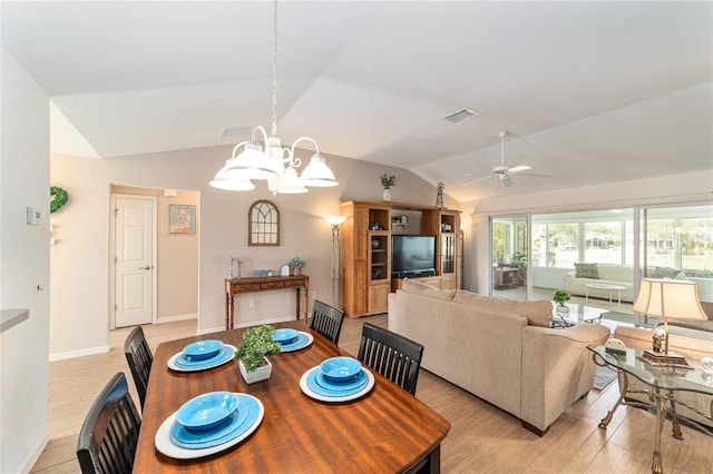 3393 Talley Ridge Dr, The Villages, FL 32162 - dining room with lofted ceiling, ceiling fan, light wood-style flooring, baseboards, and a chandelier